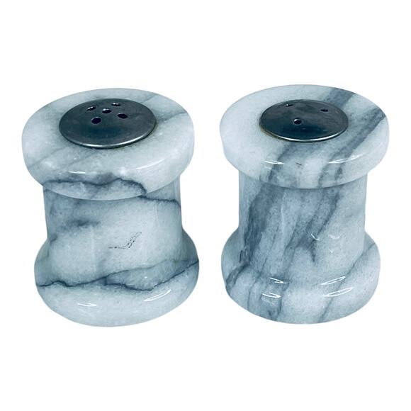 VTG Marble SALT & PEPPER SHAKERS Mini 1.75" Gray White Marbled Alabaster Stone - Picture 1 of 5